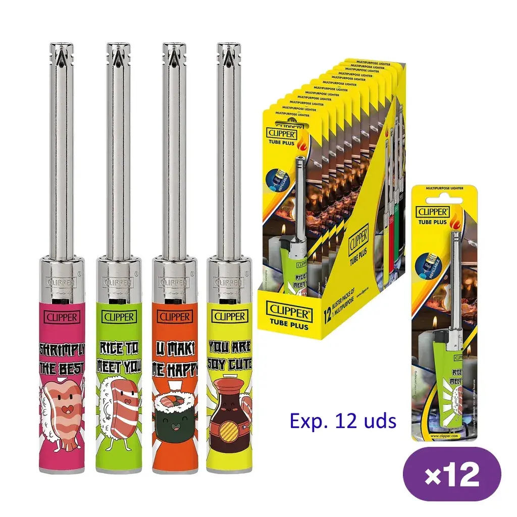 Encendedores Clipper Tube Plus con tubo largo plateado y distintos diseños de sushi, junto a un expositor y un blíster.