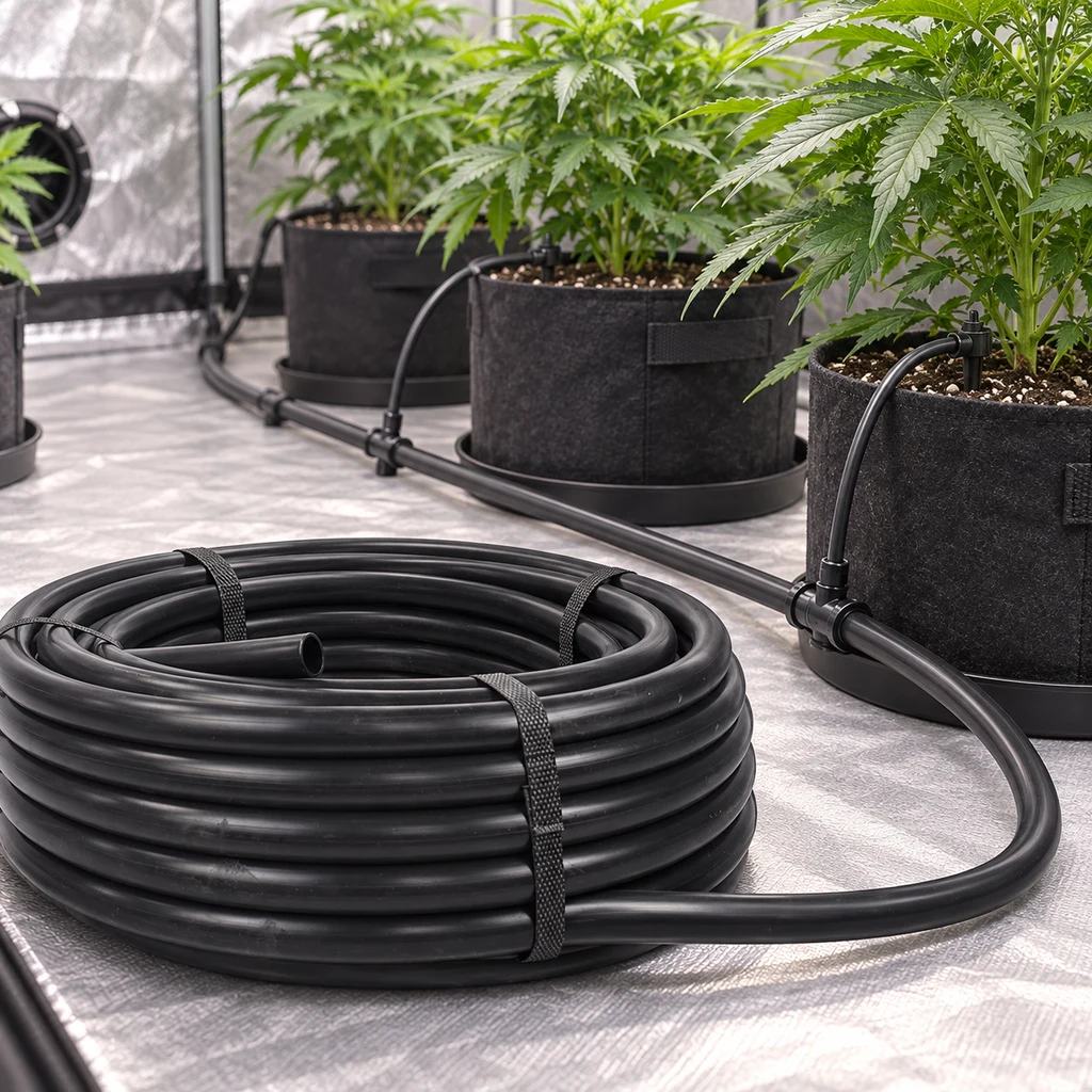 Rollo de tubo negro de polietileno junto a una instalación de riego con ramificaciones hacia macetas de cannabis en interior. Rollo de tubo negro de polietileno junto a una instalación de riego con ramificaciones hacia macetas de cannabis en interior.