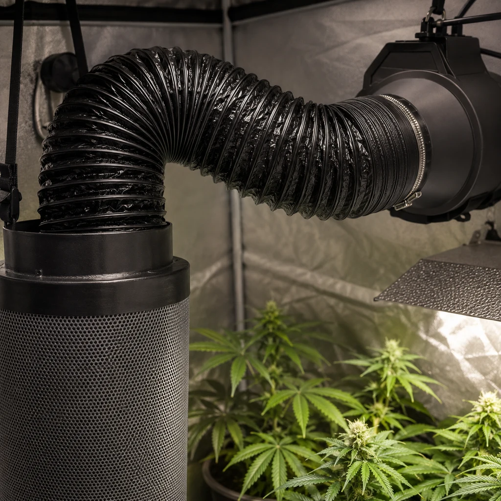 Tubo flexible negro curvado que conecta un filtro cilíndrico con un extractor en una escena de cultivo interior con plantas y reflector.