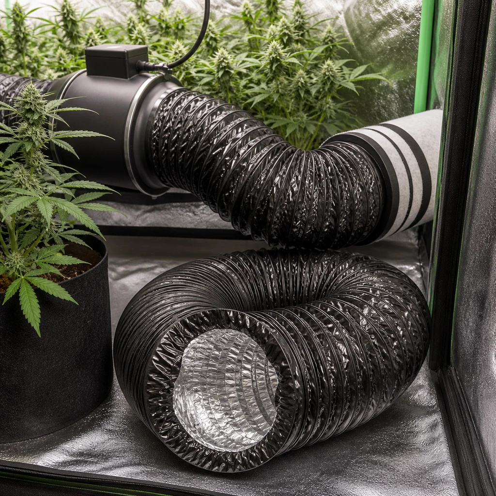 Escena generada de un tubo flexible negro enrollado, con interior plateado, y otro tramo conectado a un extractor en un armario de cultivo.