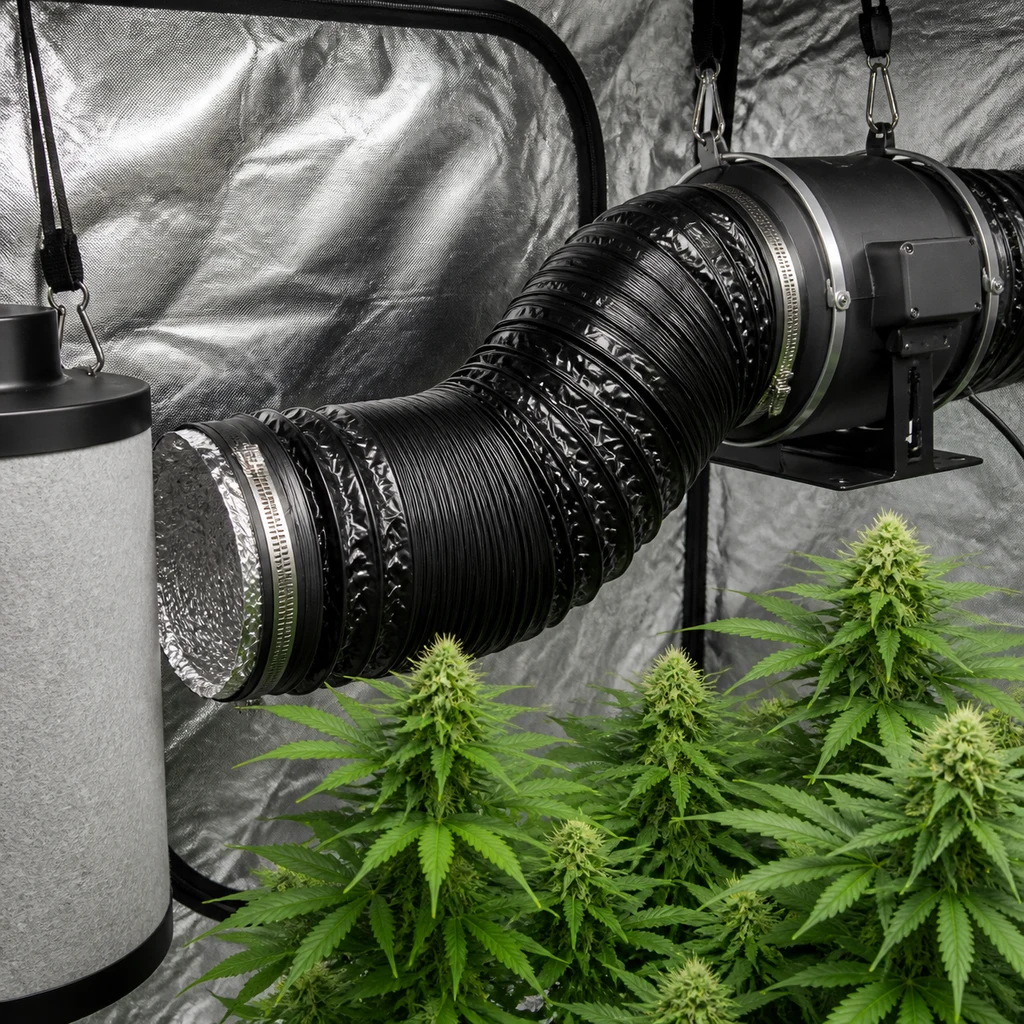 Tubo flexible negro Combiconnect curvado entre un filtro cilíndrico y un extractor suspendido, sobre plantas en un armario reflectante.