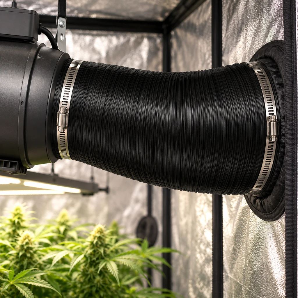 Tubo negro corrugado sujeto con abrazaderas entre un extractor y la abertura de un armario de cultivo, con plantas al fondo.