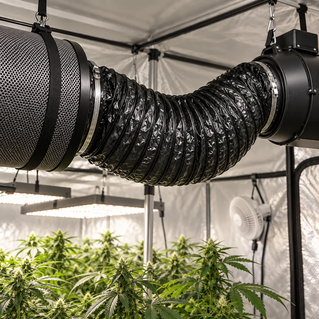 Escena generada de un tubo negro flexible conectado a un filtro y un extractor, suspendido sobre plantas en un armario de cultivo.