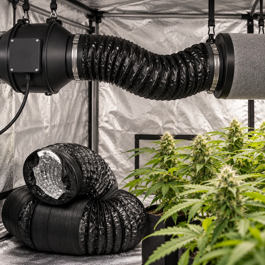 Tubo flexible negro Combiconnect conectado a un extractor y un filtro en un armario de cultivo, con más conducto enrollado junto a las plantas.