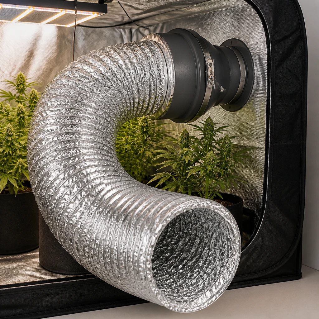 Tubo flexible de aluminio plateado, curvado y conectado a un extractor en un armario de cultivo, con el extremo abierto en primer plano.