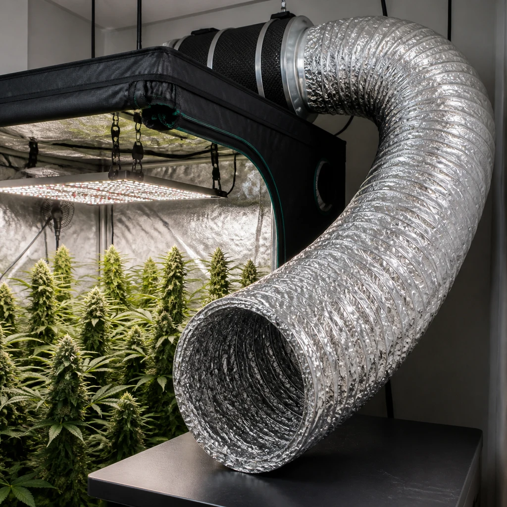 Tubo de ventilación plateado y flexible, curvado junto a un armario de cultivo abierto, con su extremo circular en primer plano.
