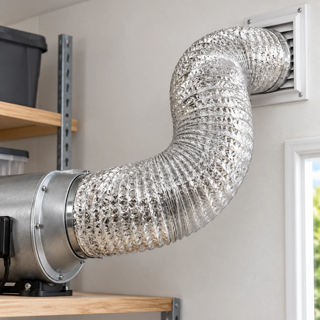 Tubo flexible de aluminio plateado, curvado entre un extractor sobre una estantería y una rejilla de pared en una escena generada.