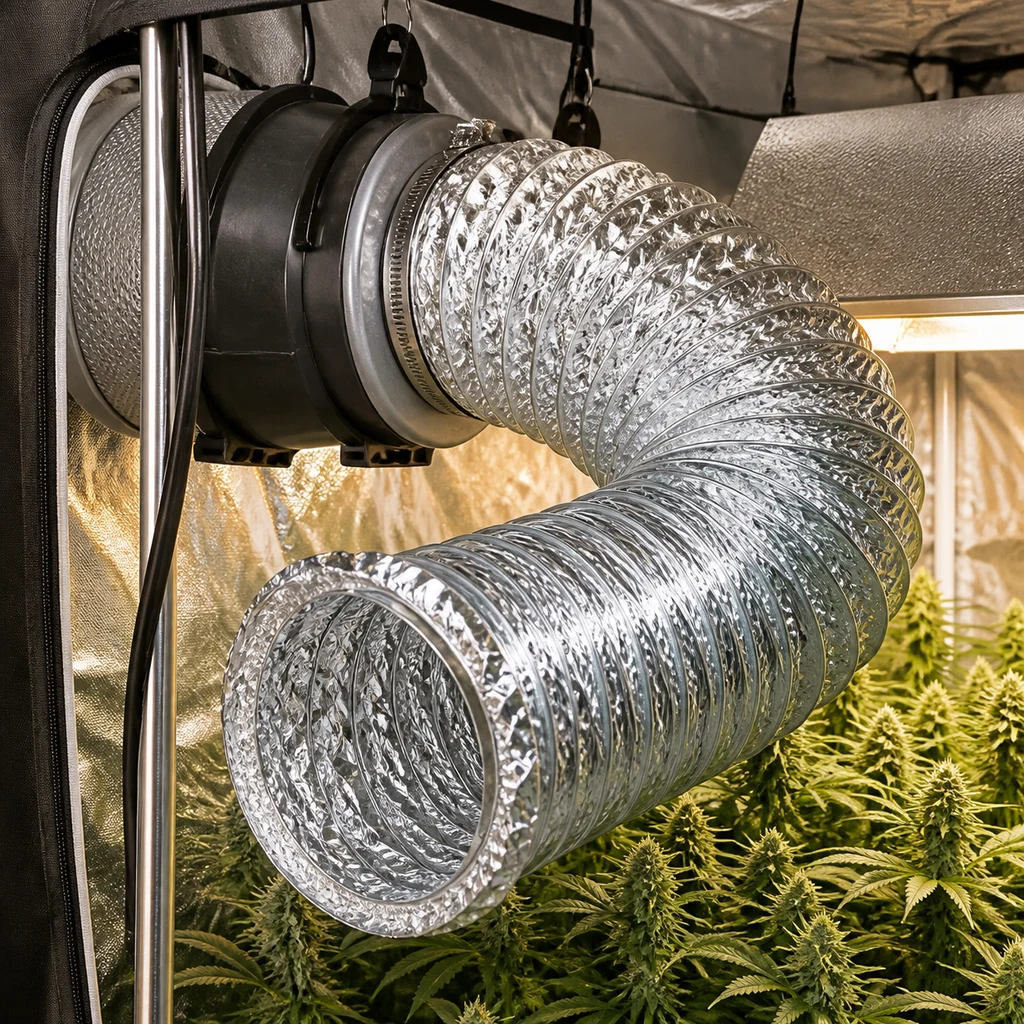 Tubo flexible plateado de ventilación, curvado y conectado a un extractor sobre plantas de cannabis en un armario de cultivo.