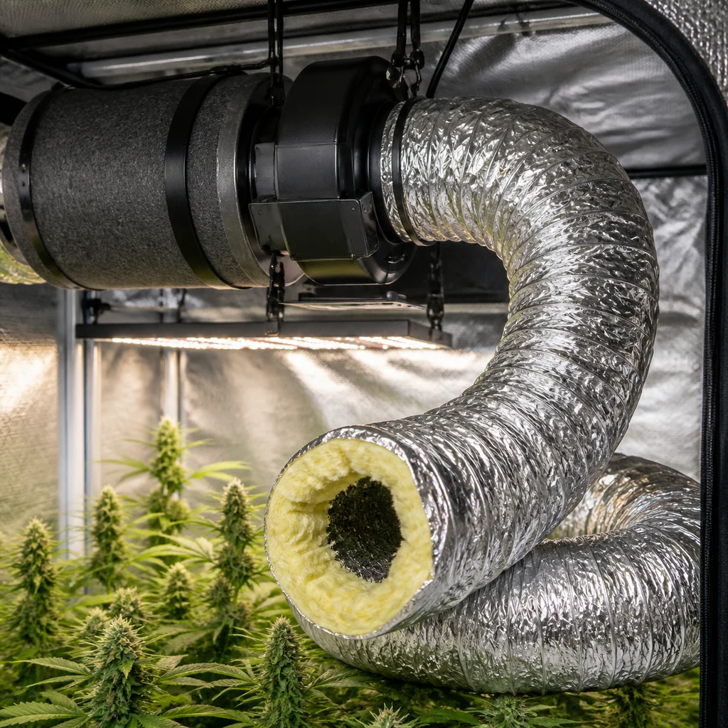 Tubo flexible plateado curvado en un armario de cultivo, con aislamiento amarillo visible en la abertura, junto a un extractor y un filtro.