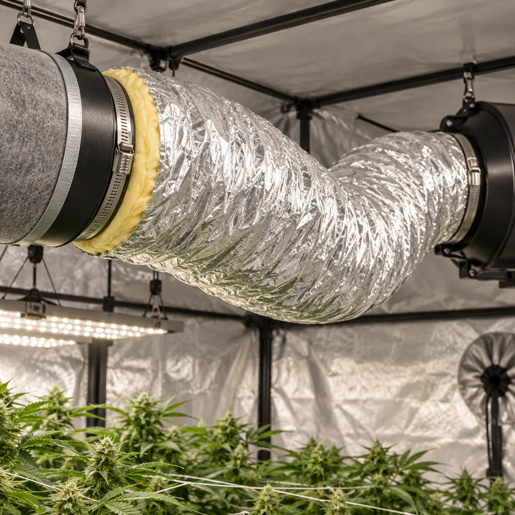 Tubo flexible plateado suspendido en curva, conectado a equipos de ventilación sobre plantas en un armario de cultivo.