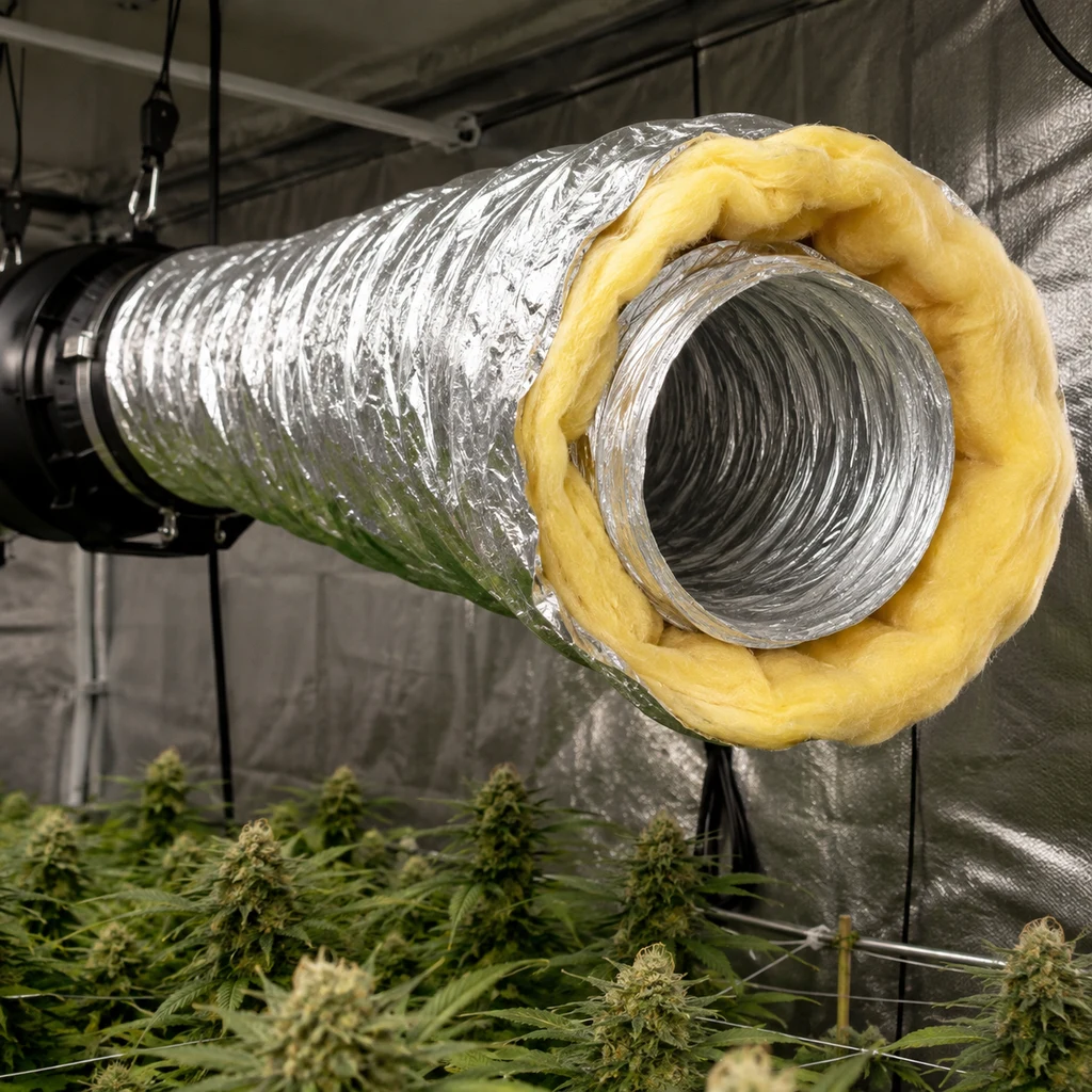 Tubo flexible plateado conectado a un extractor, con la boca abierta mostrando una capa aislante amarilla, sobre plantas de cannabis.
