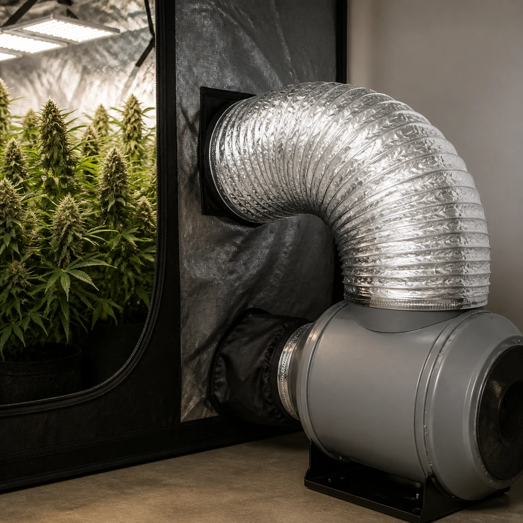 Tubo flexible plateado y corrugado, curvado entre la abertura de un armario de cultivo y un extractor situado en el suelo.