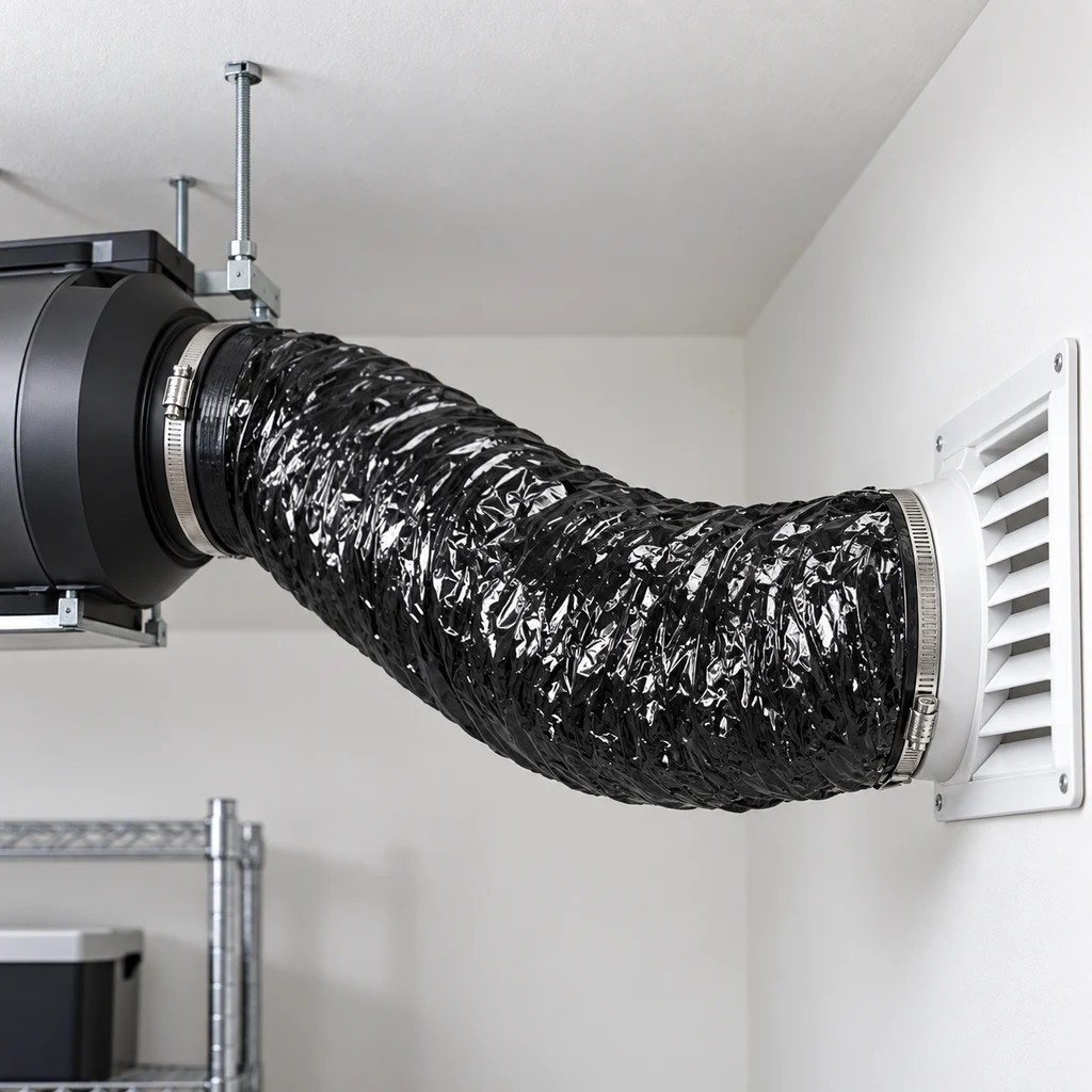 Escena generada de un tubo flexible negro conectado mediante abrazaderas a un extractor suspendido del techo y a una rejilla de pared.