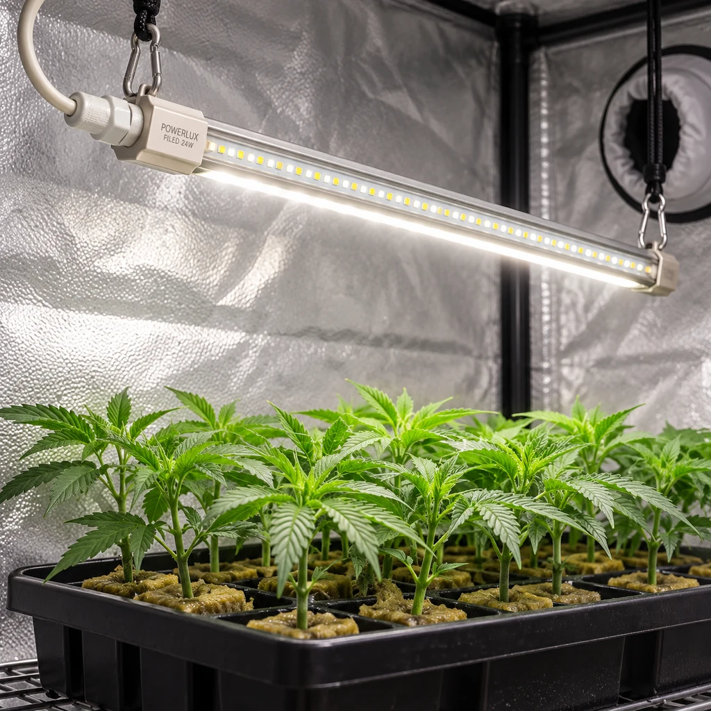 Barra de luz Clone Tube Powerlux suspendida y encendida sobre una bandeja de plantas jóvenes dentro de un armario reflectante.