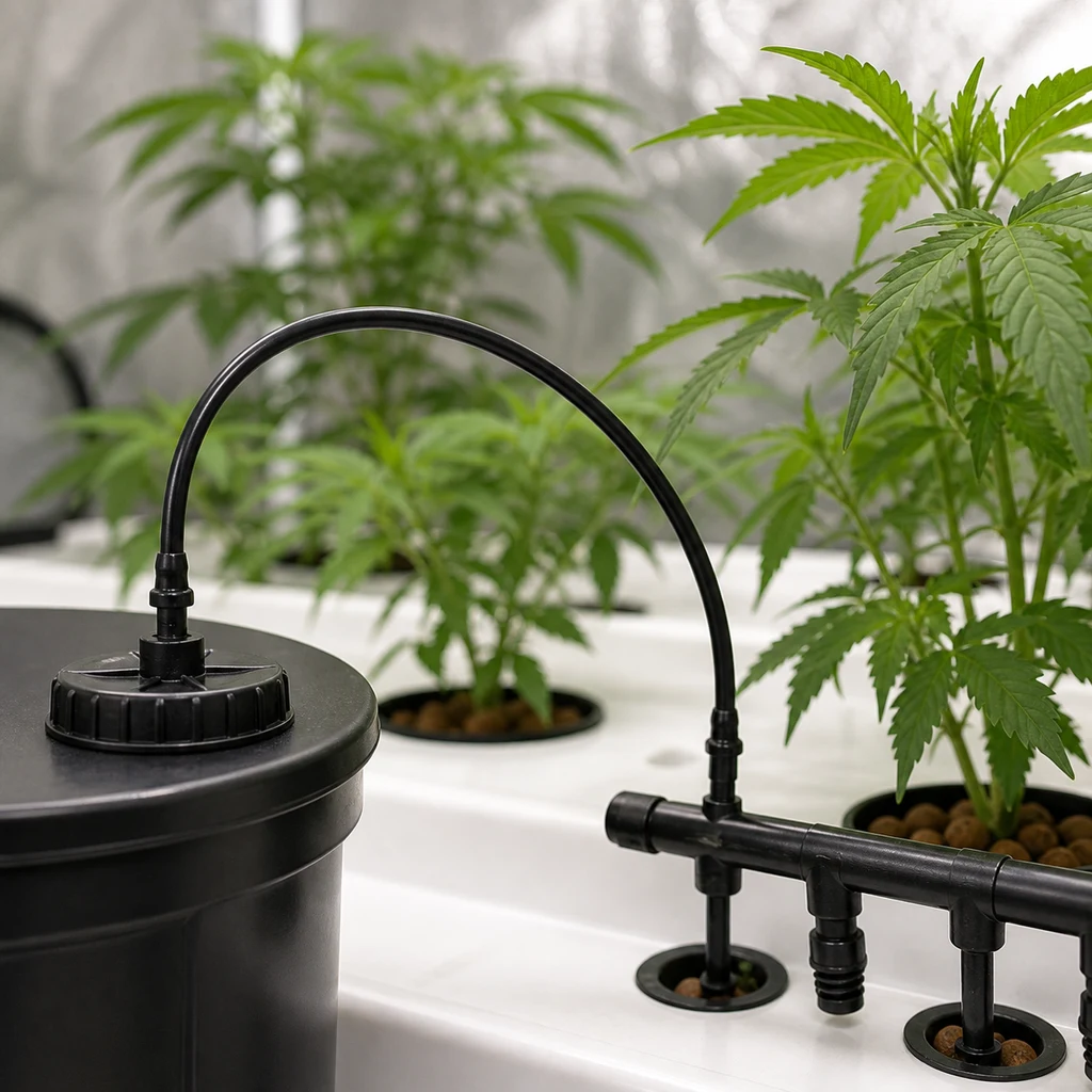 Escena generada de un tubo negro arqueado entre la tapa de un depósito y una tubería, junto a plantas en un sistema de cultivo.