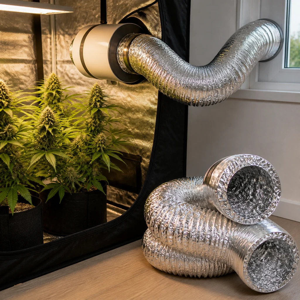 Escena generada de un tubo plateado flexible entre un extractor y una ventana, junto a un armario con plantas y más tubo enrollado.