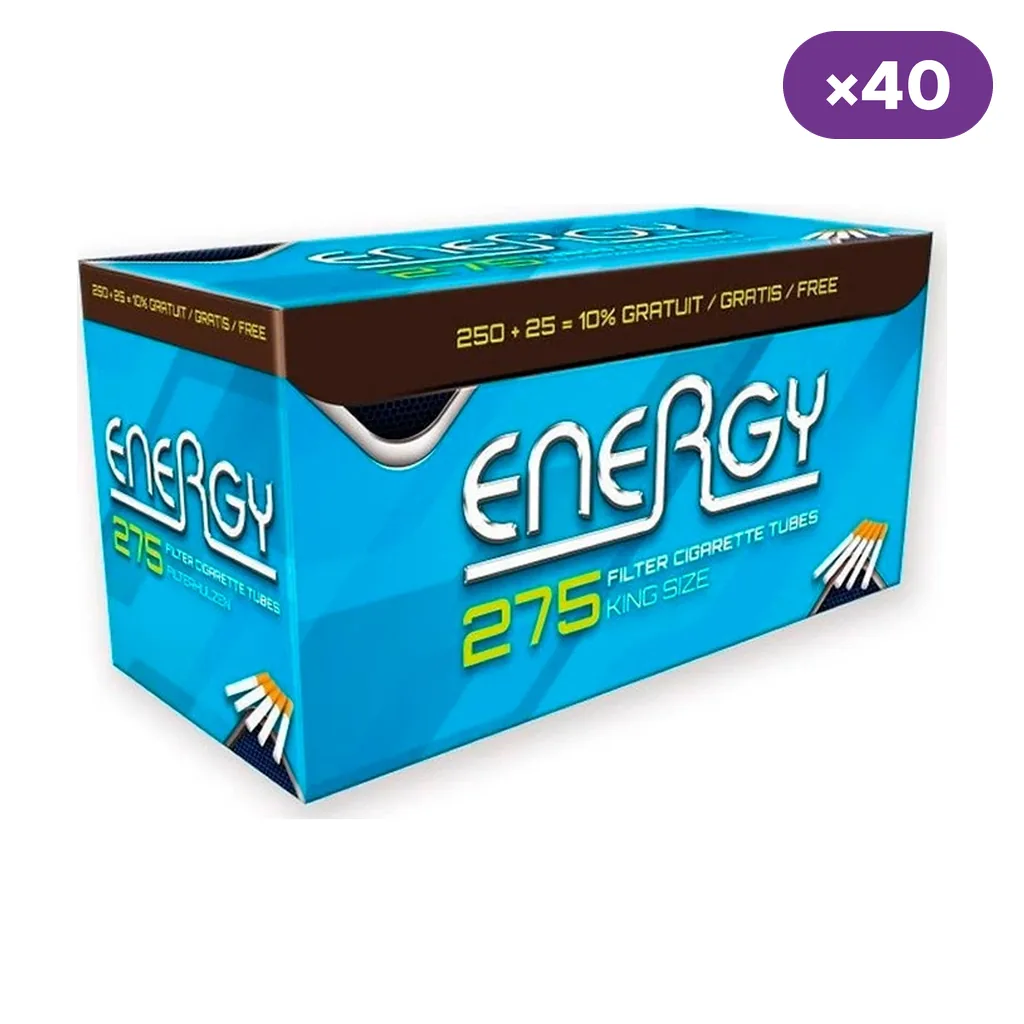 Caja azul de tubos Energy con las inscripciones «275», «King Size» y «250 + 25», y un distintivo morado «×40» sobre fondo blanco. Caja azul de tubos Energy con las inscripciones «275», «King Size» y «250 + 25», y un distintivo morado «×40» sobre fondo blanco.