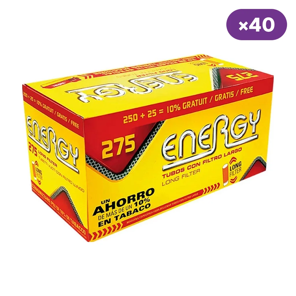Caja amarilla y roja de tubos Energy 275 con texto de filtro largo, vista en perspectiva y con un distintivo de multiplicación por 40. Caja amarilla y roja de tubos Energy 275 con texto de filtro largo, vista en perspectiva y con un distintivo de multiplicación por 40.