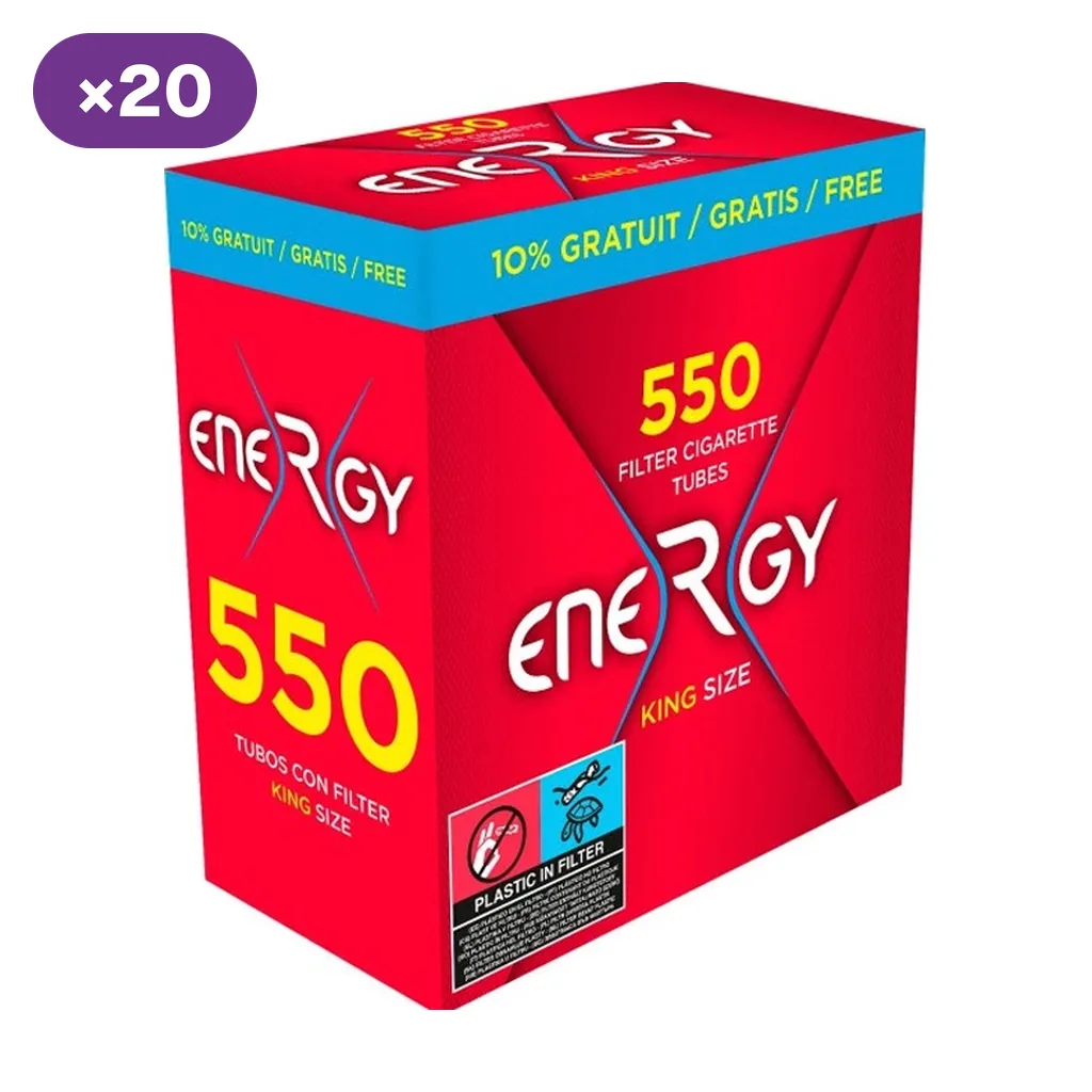 Caja roja Energy rotulada con 550 tubos con filtro King Size, franja azul superior y distintivo morado que indica por veinte. Caja roja Energy rotulada con 550 tubos con filtro King Size, franja azul superior y distintivo morado que indica por veinte.