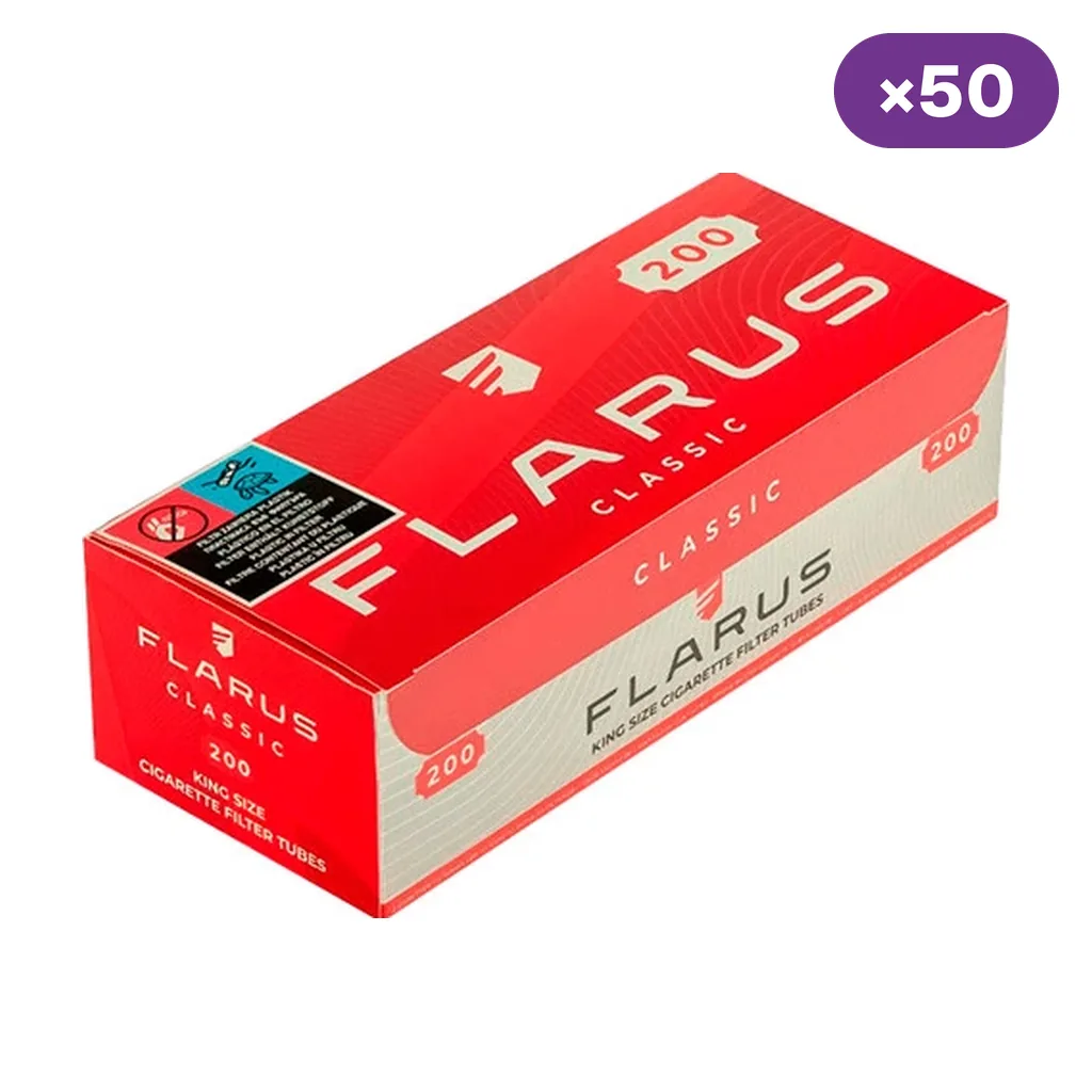 Caja rectangular roja y crema de tubos Flarus Classic, vista en perspectiva, con las inscripciones 200 y King Size y distintivo ×50. Caja rectangular roja y crema de tubos Flarus Classic, vista en perspectiva, con las inscripciones 200 y King Size y distintivo ×50.