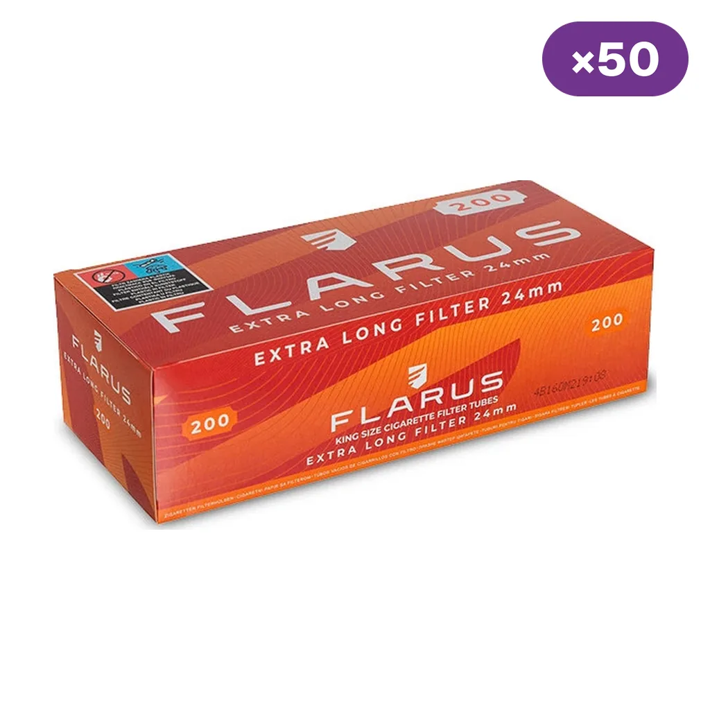 Caja naranja de tubos Flarus con las indicaciones 200 y Extra Long Filter 24 mm, acompañada de un distintivo de 50 unidades. Caja naranja de tubos Flarus con las indicaciones 200 y Extra Long Filter 24 mm, acompañada de un distintivo de 50 unidades.