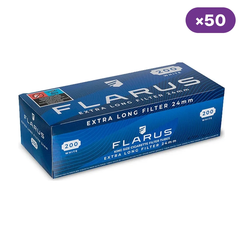 Caja azul de tubos para cigarrillos Flarus Extra Long Filter, con indicación de 200 White y distintivo ×50 sobre fondo blanco. Caja azul de tubos para cigarrillos Flarus Extra Long Filter, con indicación de 200 White y distintivo ×50 sobre fondo blanco.