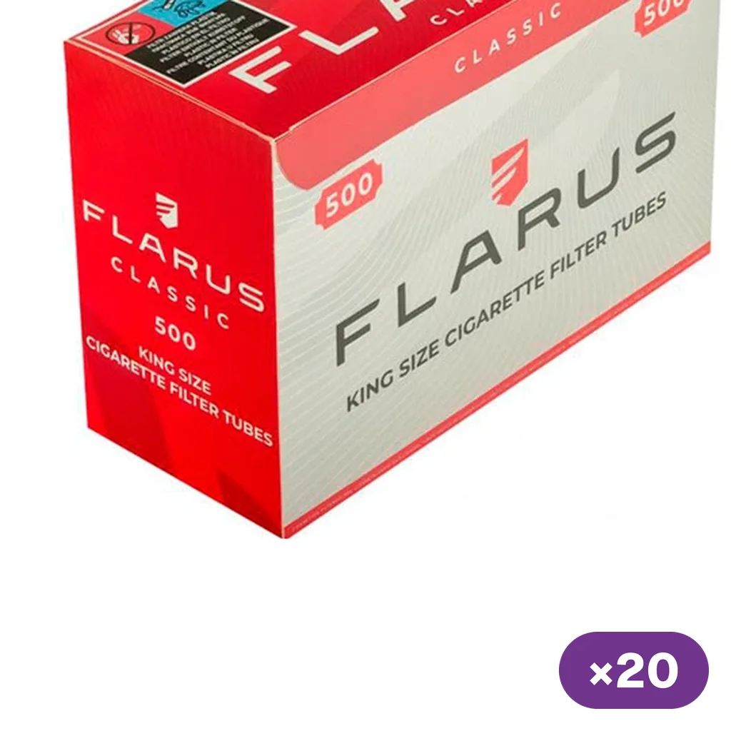 Caja roja y blanca Flarus Classic con las inscripciones «500» y «King Size Cigarette Filter Tubes», junto a un distintivo «×20». Caja roja y blanca Flarus Classic con las inscripciones «500» y «King Size Cigarette Filter Tubes», junto a un distintivo «×20».