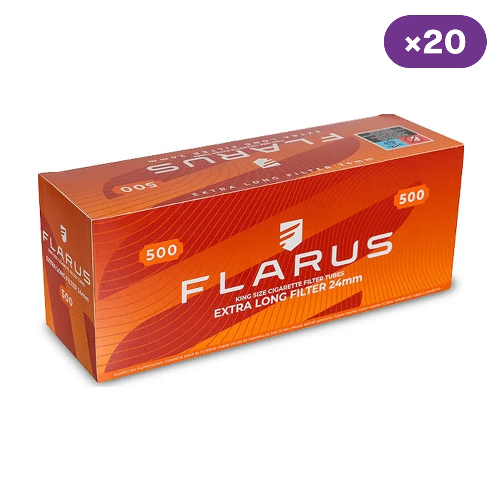 Caja naranja de tubos Flarus con las indicaciones 500 y filtro extralargo de 24 mm, acompañada de un distintivo de veinte unidades. Caja naranja de tubos Flarus con las indicaciones 500 y filtro extralargo de 24 mm, acompañada de un distintivo de veinte unidades.