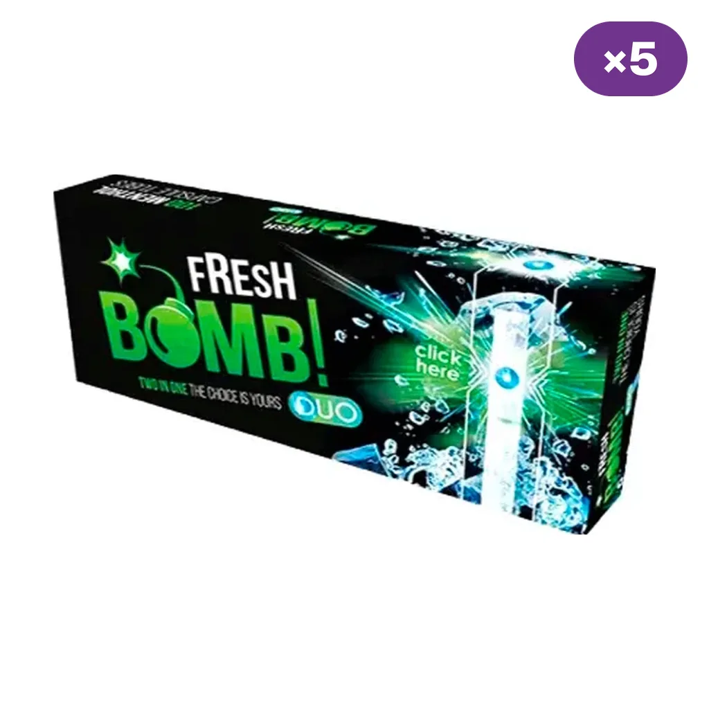Caja Fresh Bomb negra y verde, con un tubo ilustrado entre salpicaduras, texto «Click here» y distintivo de 5 unidades.