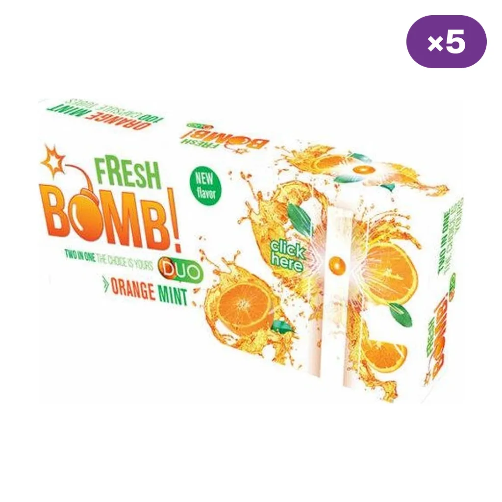 Caja de tubos Fresh Bomb Orangemint con ilustraciones de naranja y hojas verdes, tubos blancos y distintivo de cinco unidades.