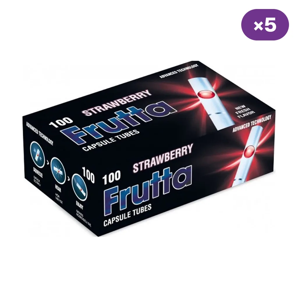 Caja negra de tubos con cápsula Frutta Fresa, rotulada «100» y «Strawberry», con un tubo ilustrado y distintivo de cinco unidades.