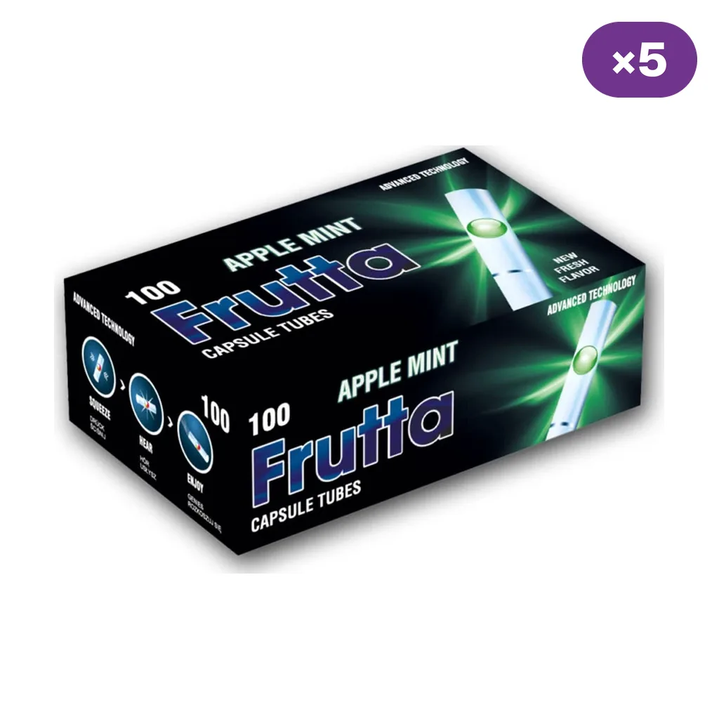 Caja negra de tubos Frutta Apple Mint con ilustraciones de cápsulas verdes, la indicación de 100 unidades y un distintivo de cinco cajas.