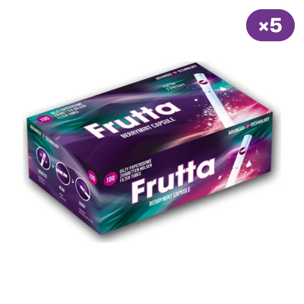 Caja de tubos Frutta Berry Mint Capsule con diseño morado y verde, ilustración de un tubo blanco e indicación de 100 unidades.