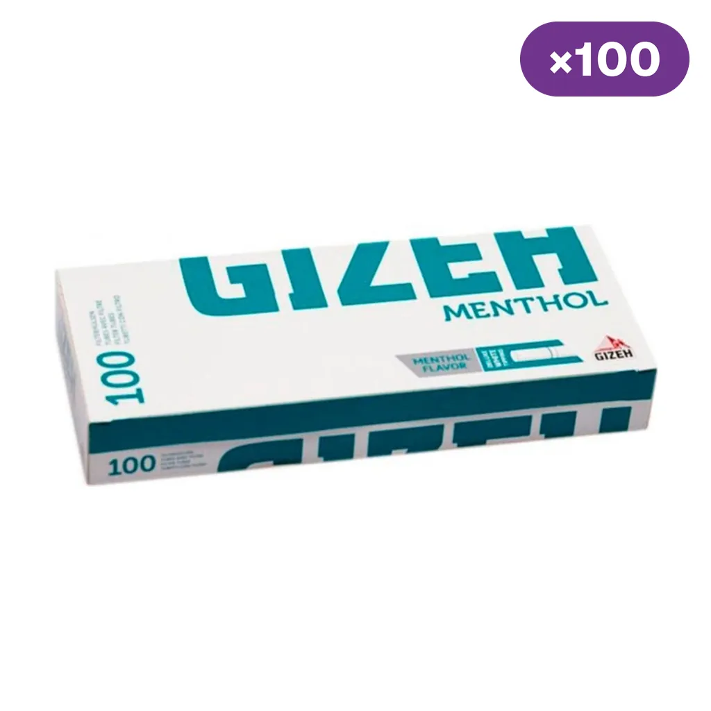 Caja blanca y turquesa de tubos Gizeh Menthol, vista en diagonal sobre fondo blanco, con el número 100 y un distintivo «×100». Caja blanca y turquesa de tubos Gizeh Menthol, vista en diagonal sobre fondo blanco, con el número 100 y un distintivo «×100».