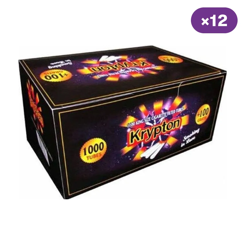 Caja negra de tubos para cigarrillos Krypton con motivos multicolor, indicaciones de 1000 tubos y 100 adicionales, y distintivo ×12. Caja negra de tubos para cigarrillos Krypton con motivos multicolor, indicaciones de 1000 tubos y 100 adicionales, y distintivo ×12.