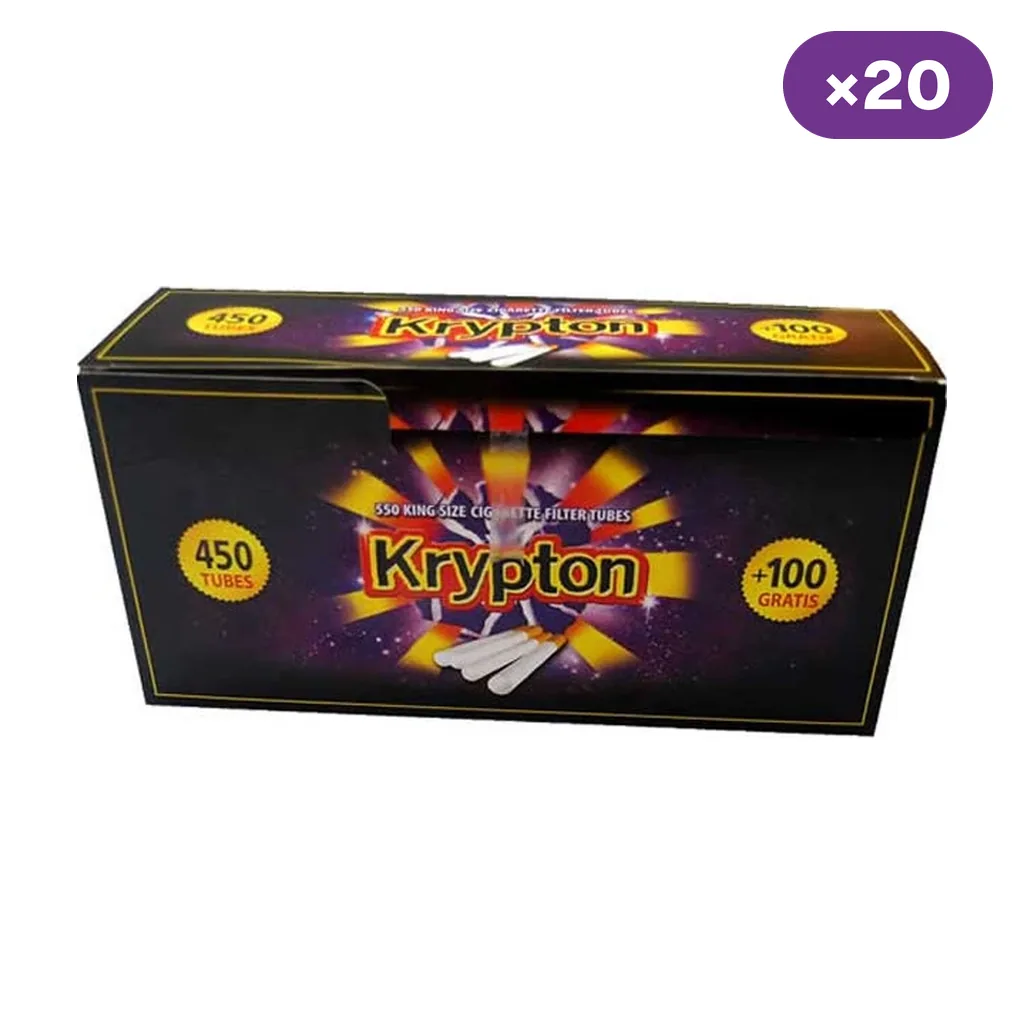 Estuche negro de tubos Krypton con diseño morado y amarillo, dibujos de tubos blancos y rótulos de 450 tubos y 100 gratis; indicador de 20 unidades. Estuche negro de tubos Krypton con diseño morado y amarillo, dibujos de tubos blancos y rótulos de 450 tubos y 100 gratis; indicador de 20 unidades.