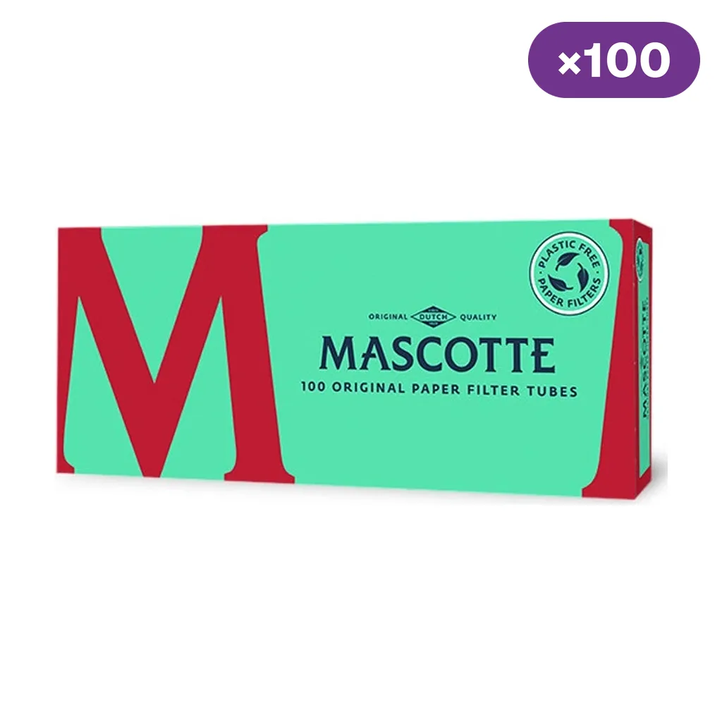 Caja verde y roja Mascotte con la inscripción de 100 tubos con filtro de papel y un sello que indica filtros sin plástico. Caja verde y roja Mascotte con la inscripción de 100 tubos con filtro de papel y un sello que indica filtros sin plástico.