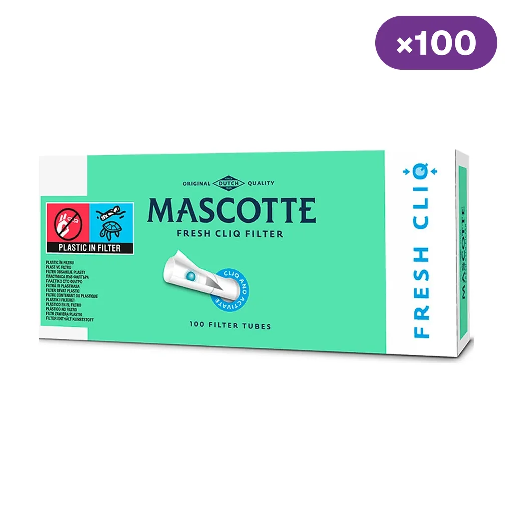 Caja verde y blanca Mascotte Fresh Cliq con un filtro ilustrado, texto «100 filter tubes» y distintivo superior «×100». Caja verde y blanca Mascotte Fresh Cliq con un filtro ilustrado, texto «100 filter tubes» y distintivo superior «×100».