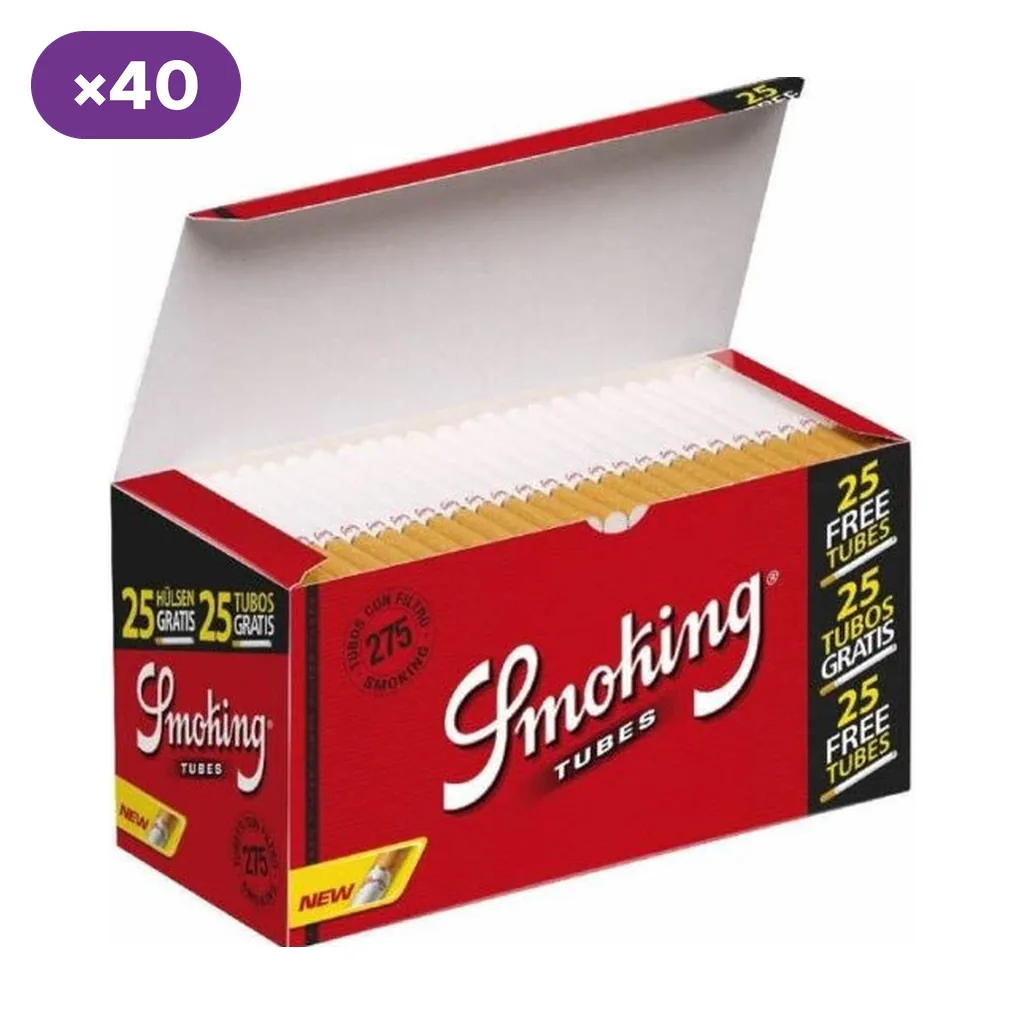 Estuche rojo Smoking abierto con filas de tubos blancos con filtro, cifra 275 en el envase y distintivo ×40 en la esquina.