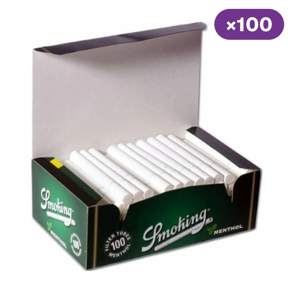 Caja verde abierta de tubos Smoking Menthol, con varias unidades blancas alineadas en su interior y la indicación de 100 unidades.