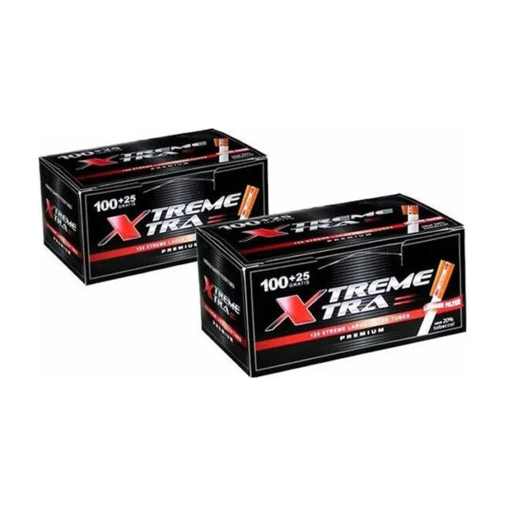 Cajas negras de tubos Xtreme Xtra con detalles rojos, inscripción «100+25 gratis» y un tubo ilustrado, sobre fondo blanco. Cajas negras de tubos Xtreme Xtra con detalles rojos, inscripción «100+25 gratis» y un tubo ilustrado, sobre fondo blanco.