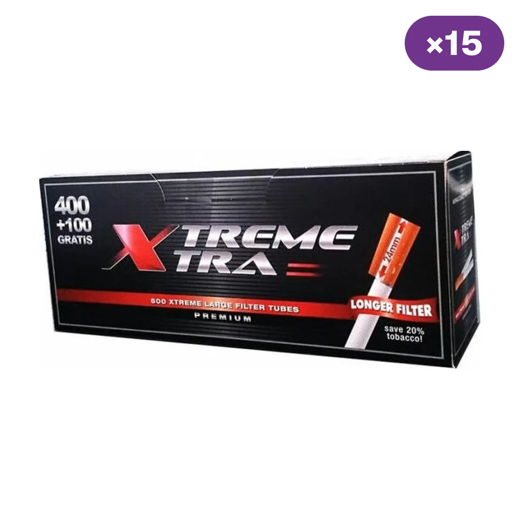 Caja negra y roja de tubos Xtreme Xtra con las indicaciones 400 más 100 gratis, 500 tubos y filtro largo; distintivo de 15 cajas. Caja negra y roja de tubos Xtreme Xtra con las indicaciones 400 más 100 gratis, 500 tubos y filtro largo; distintivo de 15 cajas.
