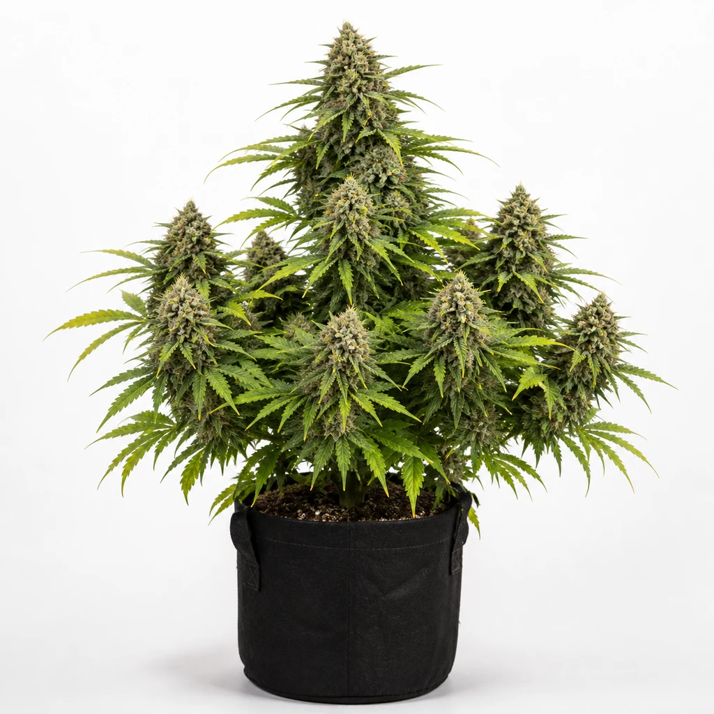 Ilustración de una planta con cogollos y hojas verdes en maceta negra para la ficha de Tutankhamon Feminizada de Pyramid Seeds.