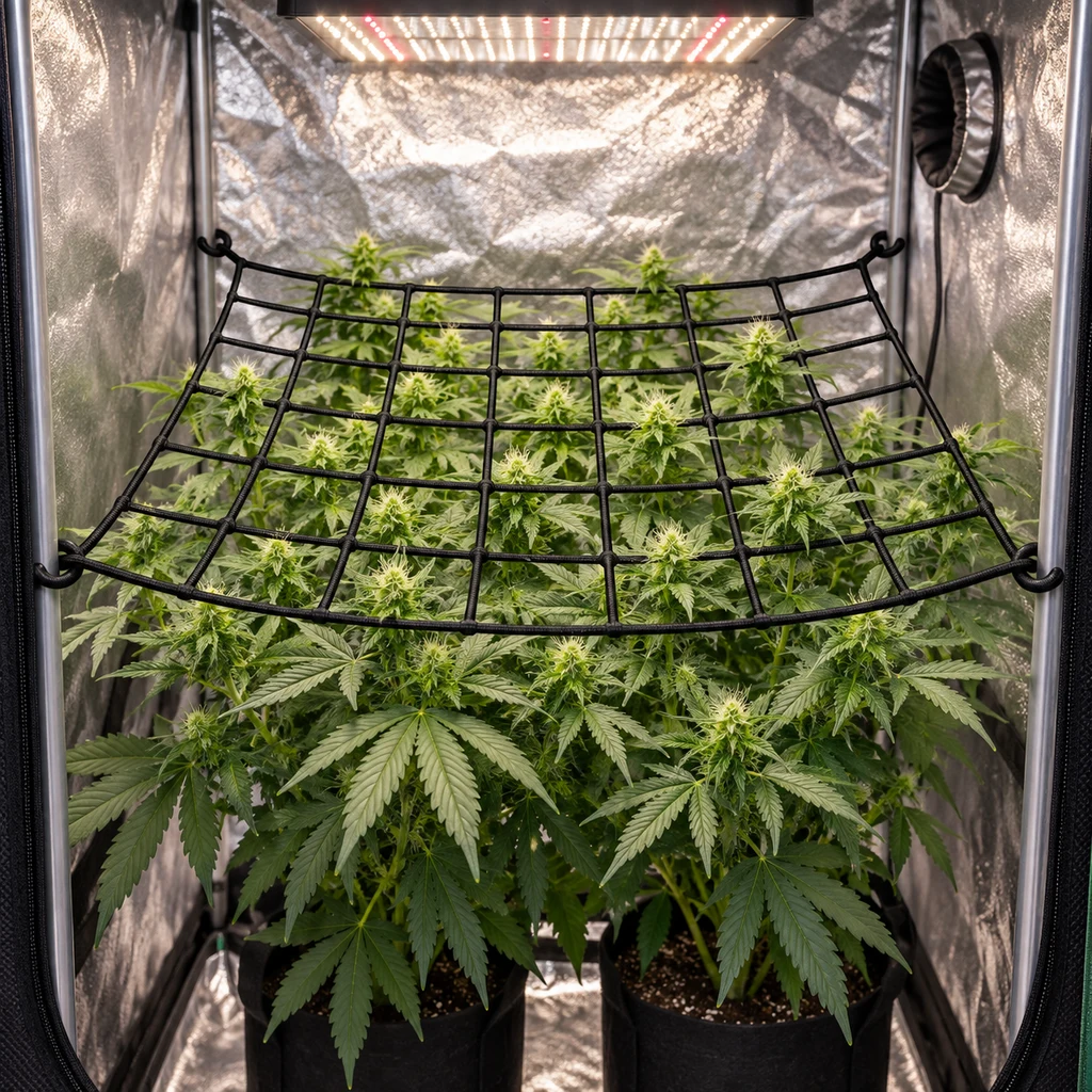 Escena generada de una red SCROG negra de cuadrícula, sujeta a los postes de un armario de cultivo sobre plantas bajo un panel LED.