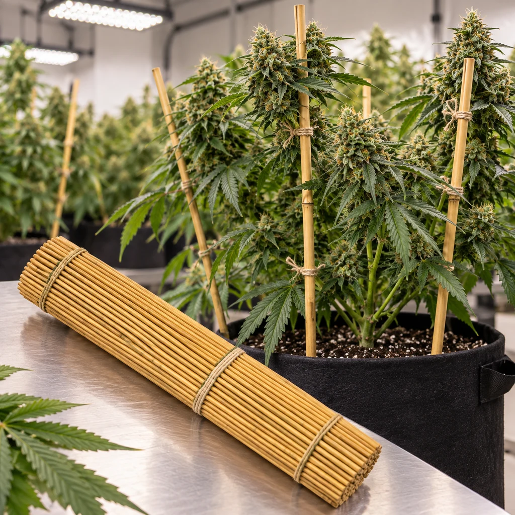 Haz de tutores de bambú atado con cordel sobre una mesa, junto a plantas de cannabis sujetas a tutores en un cultivo interior.