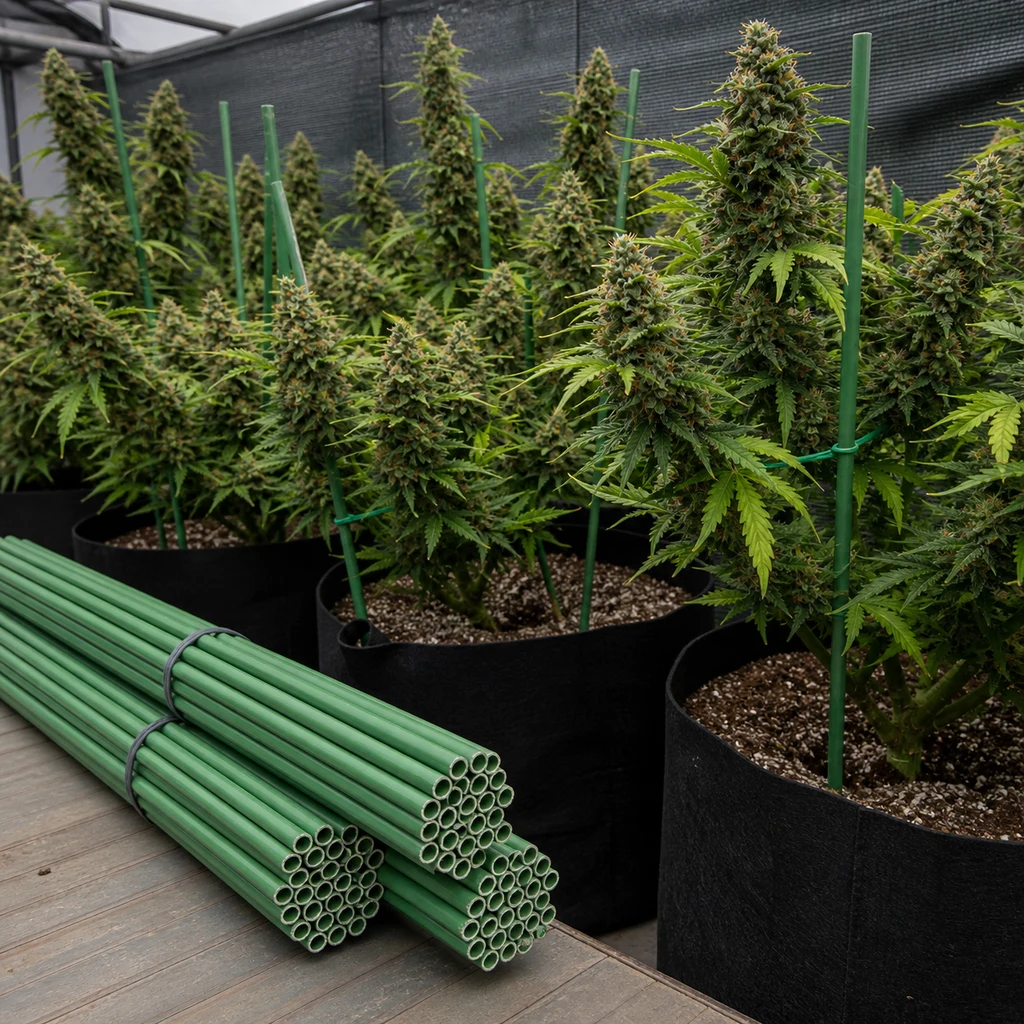 Tutores verdes agrupados sobre una mesa y colocados junto a plantas de cannabis en macetas dentro de un invernadero.