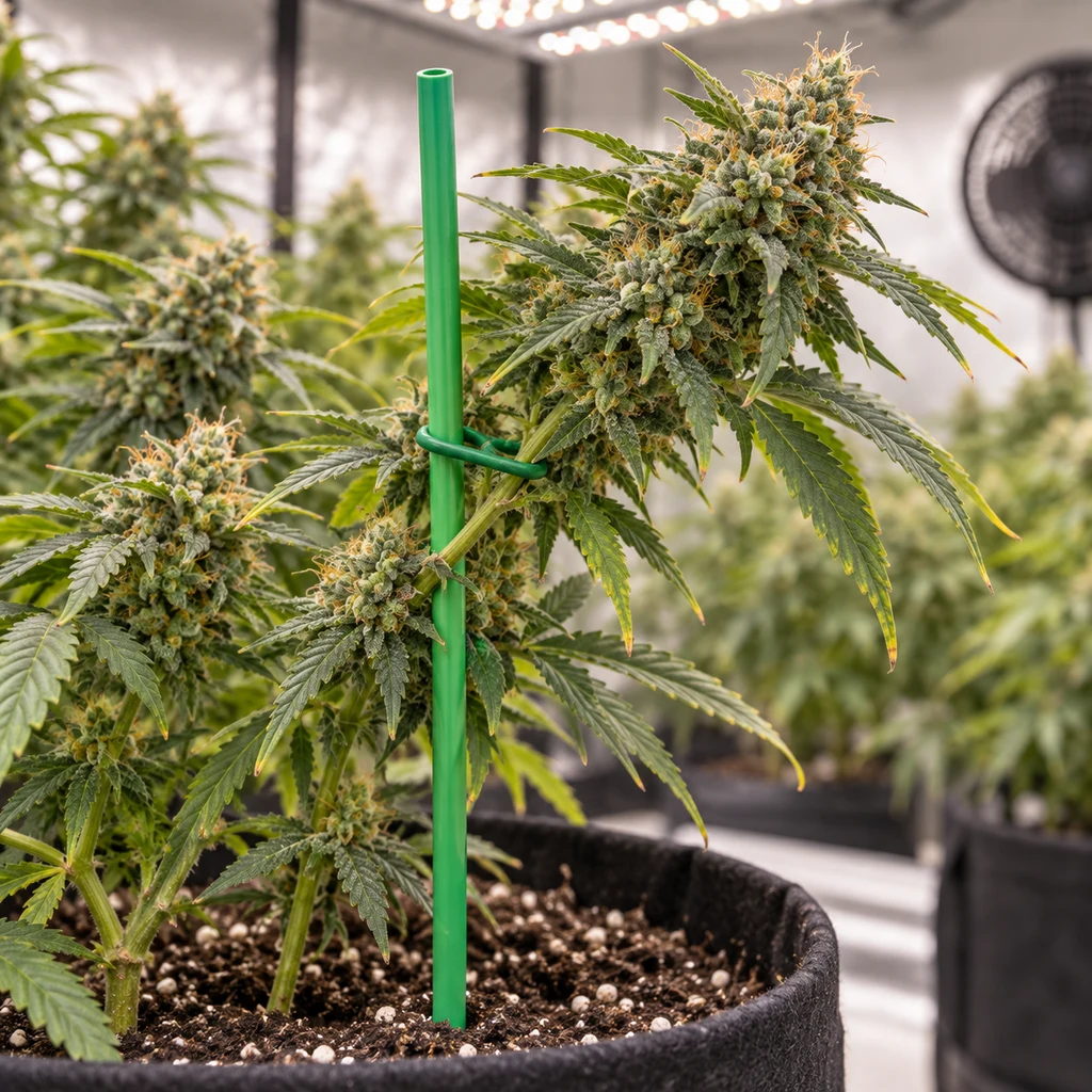 Escena generada de un tutor verde sujeto con una anilla al tallo de una planta de cannabis en maceta, bajo luces de cultivo.