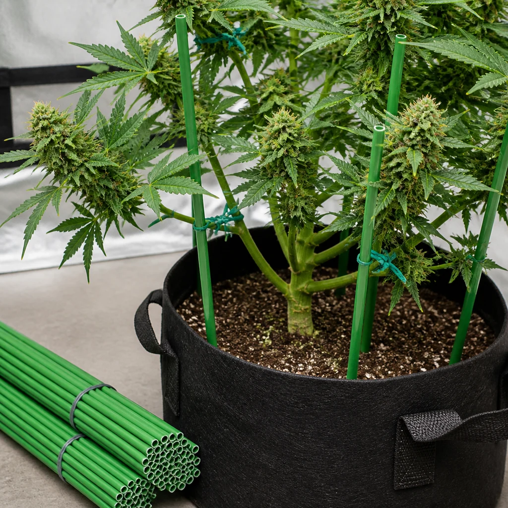 Tutores verdes sujetos a las ramas de una planta de cannabis en maceta textil negra, con un haz de tutores junto a la maceta.
