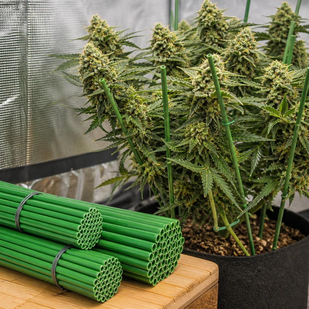 Tutores verdes agrupados sobre una mesa y colocados junto a las ramas de una planta de cannabis en una maceta de tela.