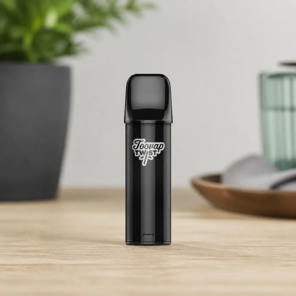 Dispositivo negro con logotipo Toovap Twist sobre una mesa de madera, con una planta y una bandeja desenfocadas al fondo.